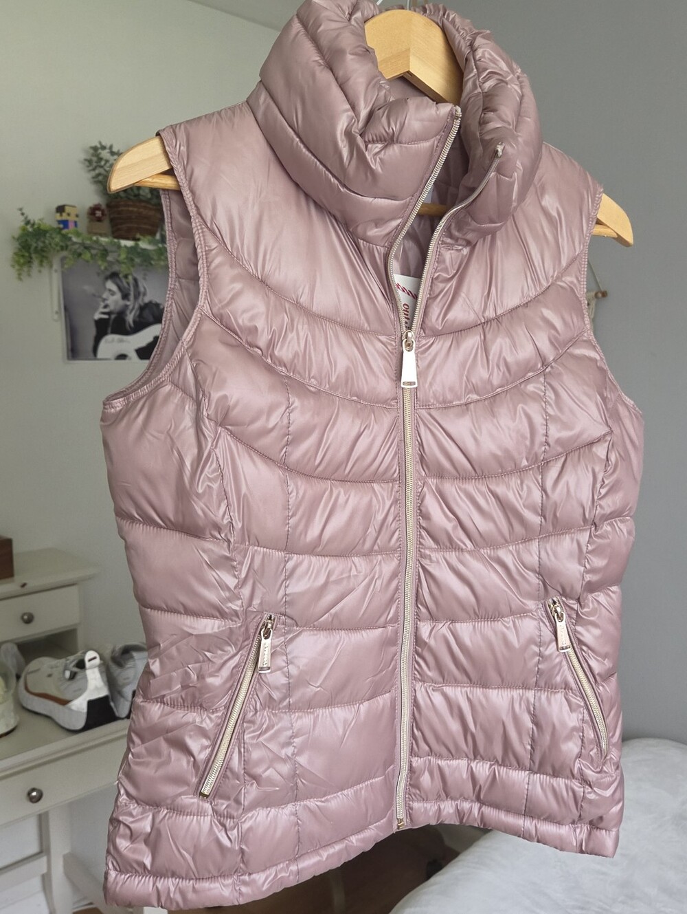 Calvin Klein Women's Quilted Puffer Vest Rose Gold Blush Pink Full Zip Small